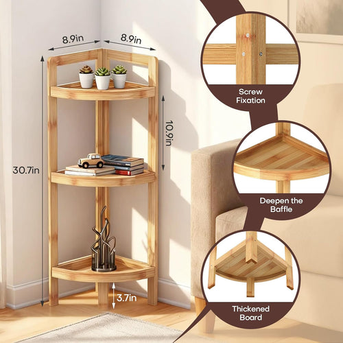 2026 New Bamboo Standing Shelf, 3 Tier Corner Shelf Staand, Free-Standing Shelf Units, Triangular Curved Corner Shelf Stand for Space-Saaving Display Ideal for Bathroom/Kitchen/Living Room Storage