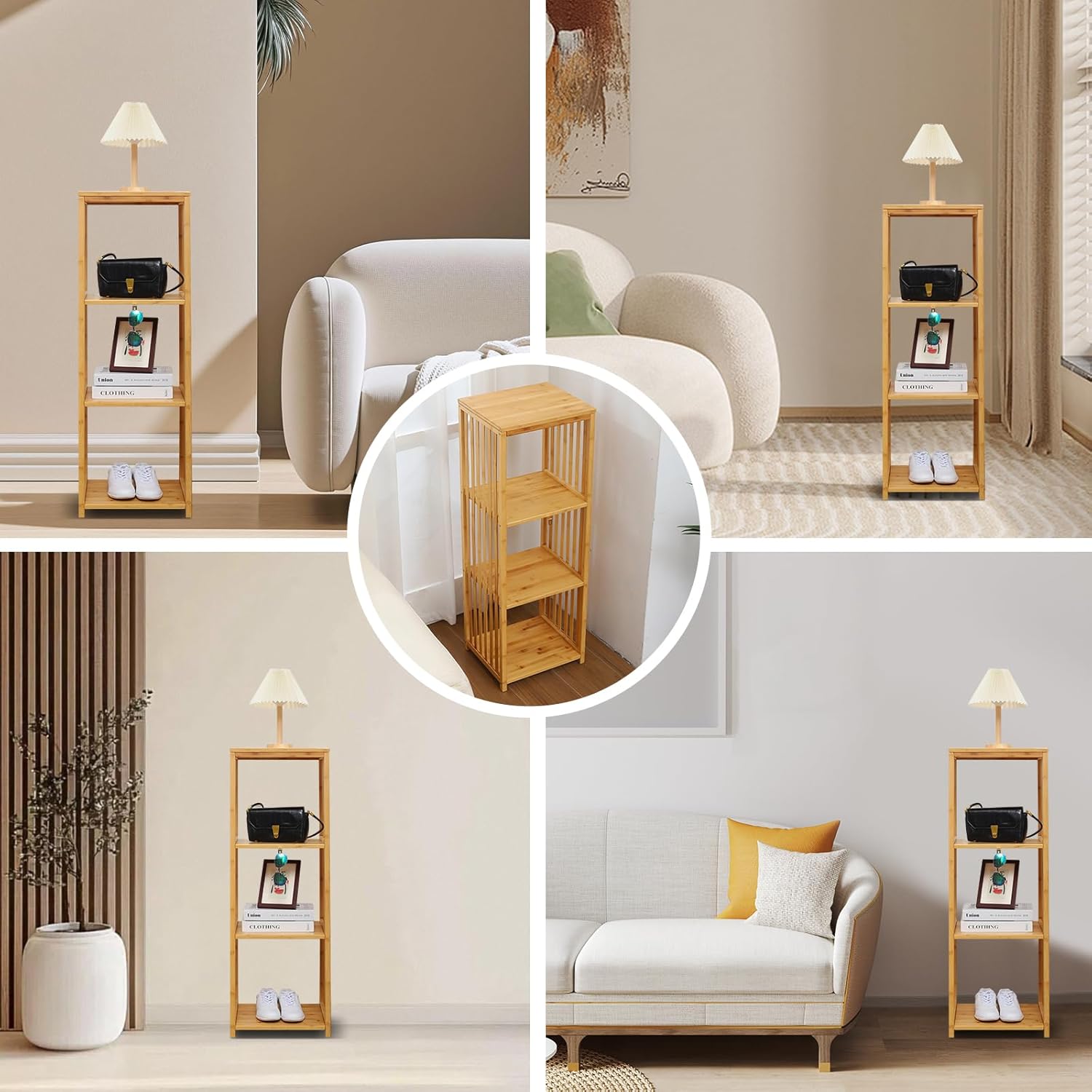 2026 Upgraded Natural Bamboo Multi-Purpose 4-Tier Storage Floor Cabinet, Freestanding bamboo bathroom cabinet , Multifunctional Floor Shelving Unit/ linen cabinet for Bathroom, Kitchen & Living Room