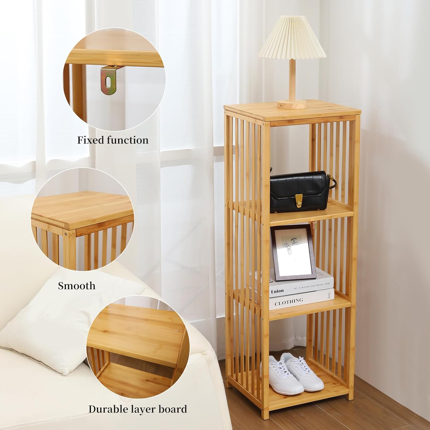 2026 Upgraded Natural Bamboo Multi-Purpose 4-Tier Storage Floor Cabinet, Freestanding bamboo bathroom cabinet , Multifunctional Floor Shelving Unit/ linen cabinet for Bathroom, Kitchen & Living Room