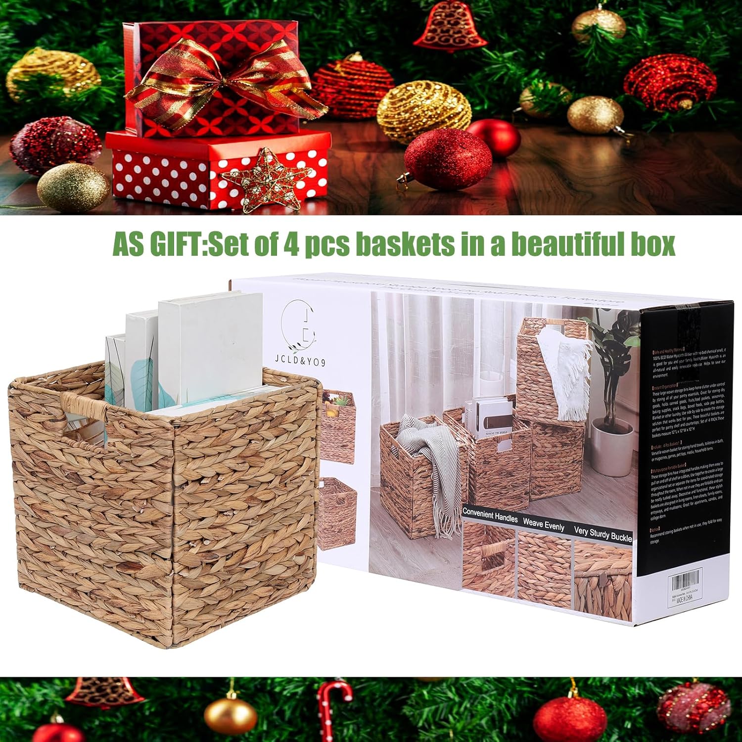 12x12in Storage Baskets Set of 4 Water Hyacinth Baskets,Foldable Handwoven Storage Cubes,Wicker Cube Baskets Laundry Organizer Totes for Home