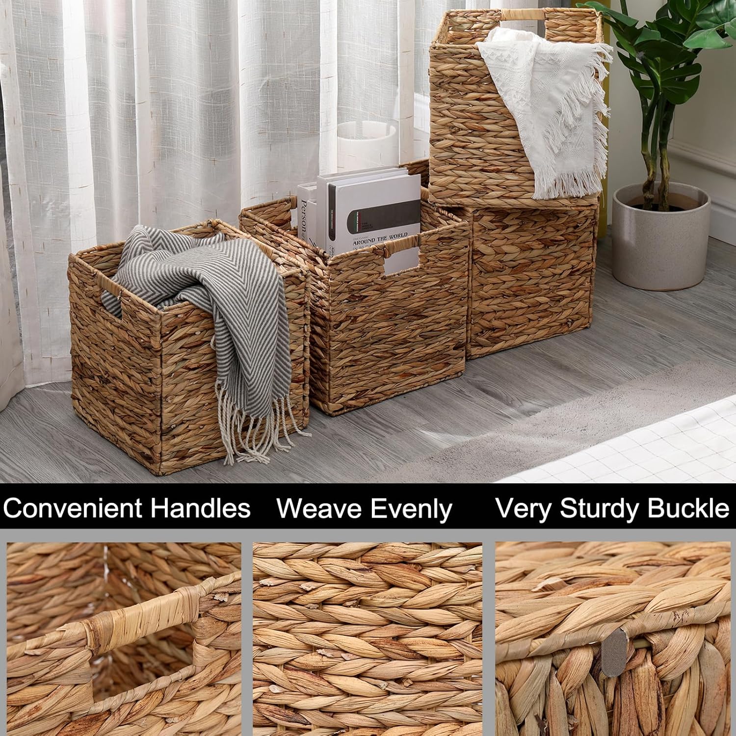 12x12in Storage Baskets Set of 4 Water Hyacinth Baskets,Foldable Handwoven Storage Cubes,Wicker Cube Baskets Laundry Organizer Totes for Home