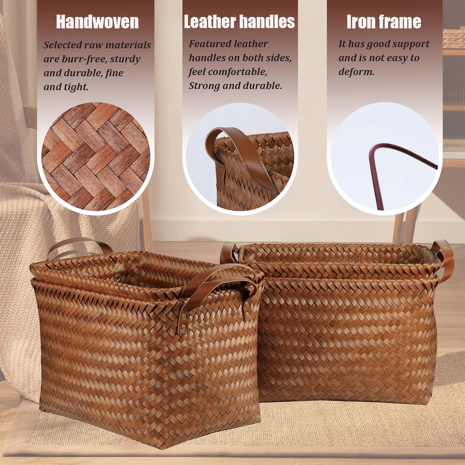 BROWNLILY Handwoven Clothes Basket Laundry Hampers Large Wicker Storage Baskets for Shelves Blankets Closet Storage Bins Car Bedroom Bathroom Organizers and Storage Bath (Pack of 4, Brown)